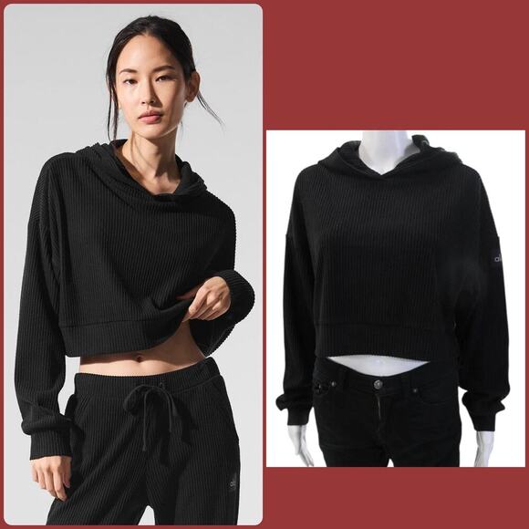 Alo Yoga Muse Ribbed Cropped Hoodie Black Relaxed Fit Cozy Lounge Layering